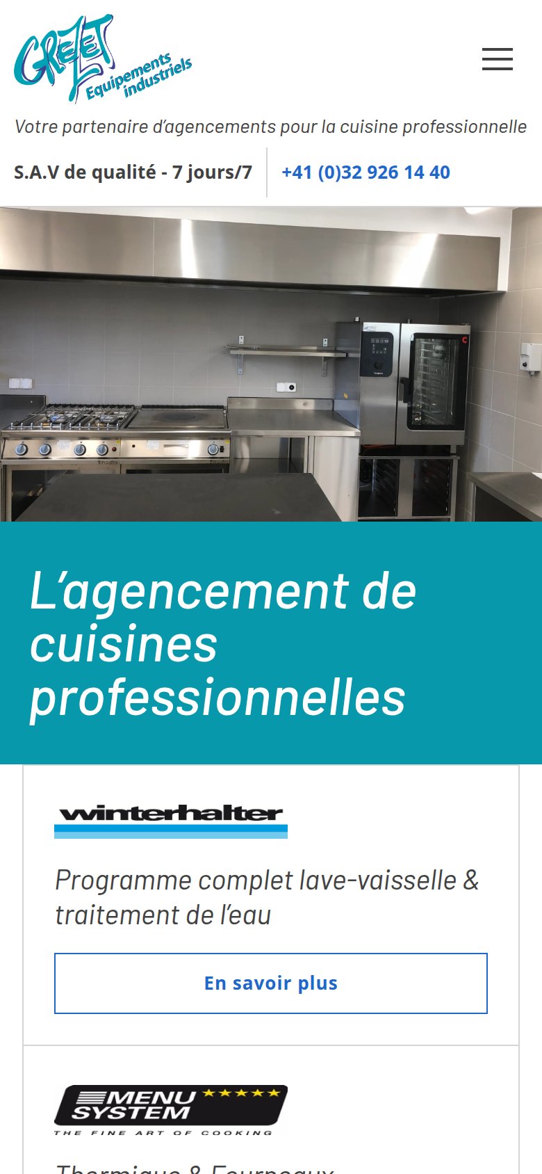 Page d’accueil Grezet & Anthoine sur téléphone : cuisine professionnelle et titre L’agencement de cuisines professionnelles